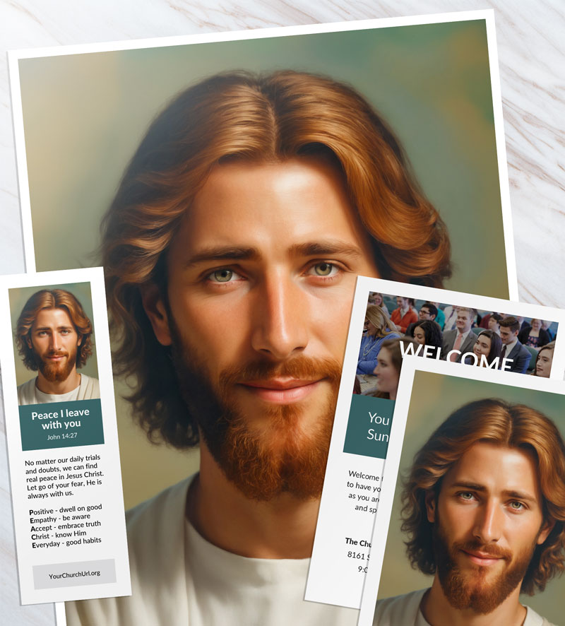 Print and share your pictures of Jesus Christ Printed pictures of Jesus Christ: a large portrait print, a smaller print, a Peace I leave with you bookmark, and a church welcome invitation card